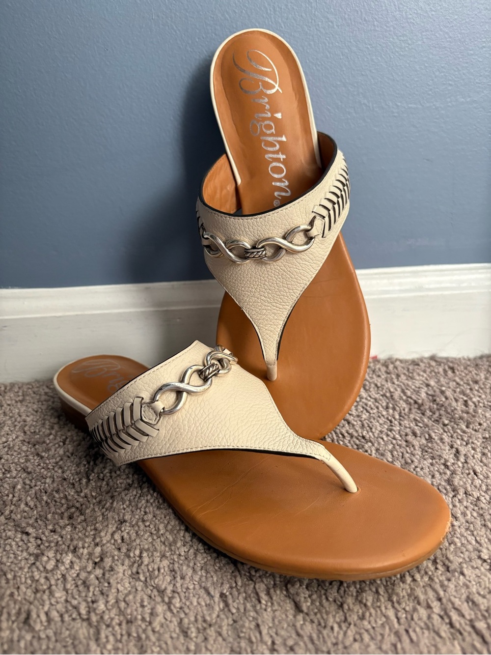 Brighton Cream Leather Chain-Accent Thong Sandals